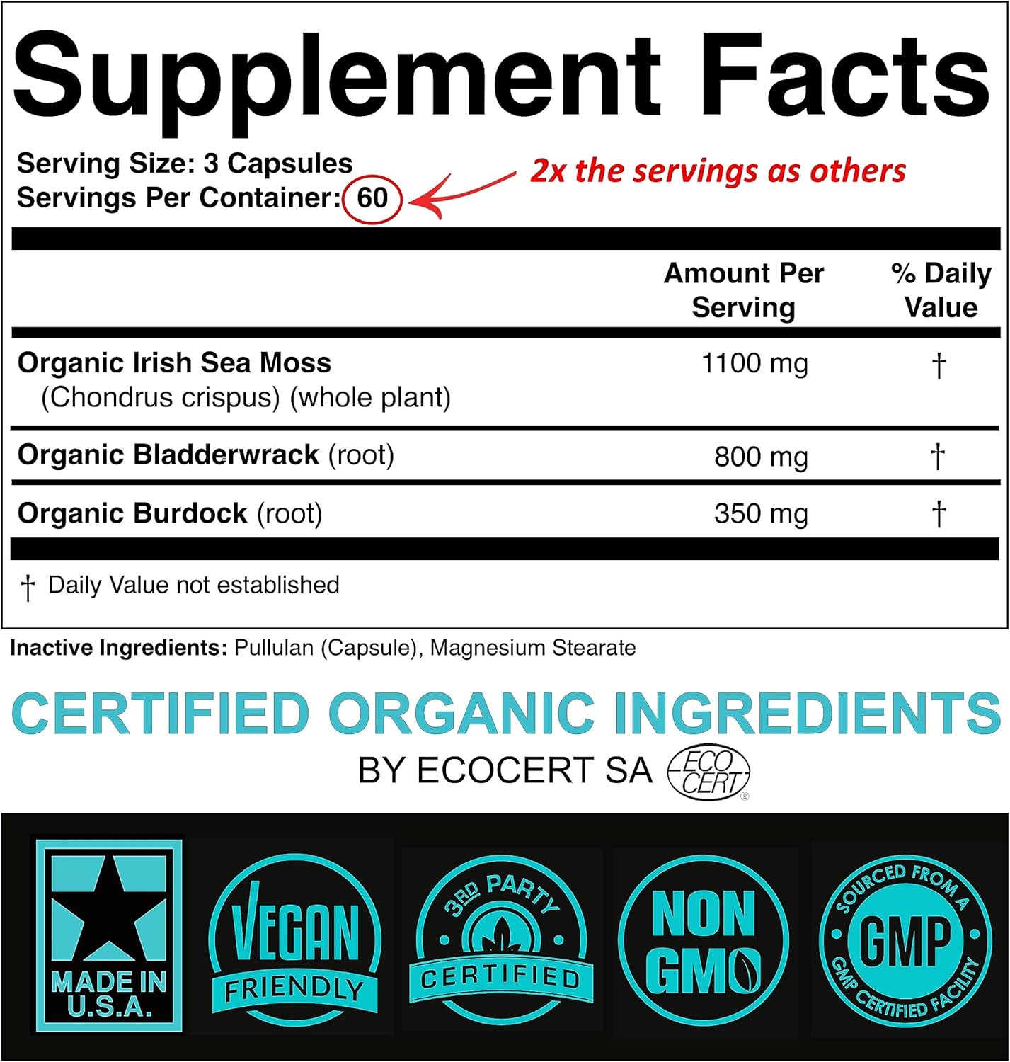 Certified Organic Sea Moss Capsules 2250mg Wildcrafted Irish Sea Moss Burdock Root Bladderwrack Supplement Raw Seamoss Pills & Powder (Pack of 1 at 180-Caps)