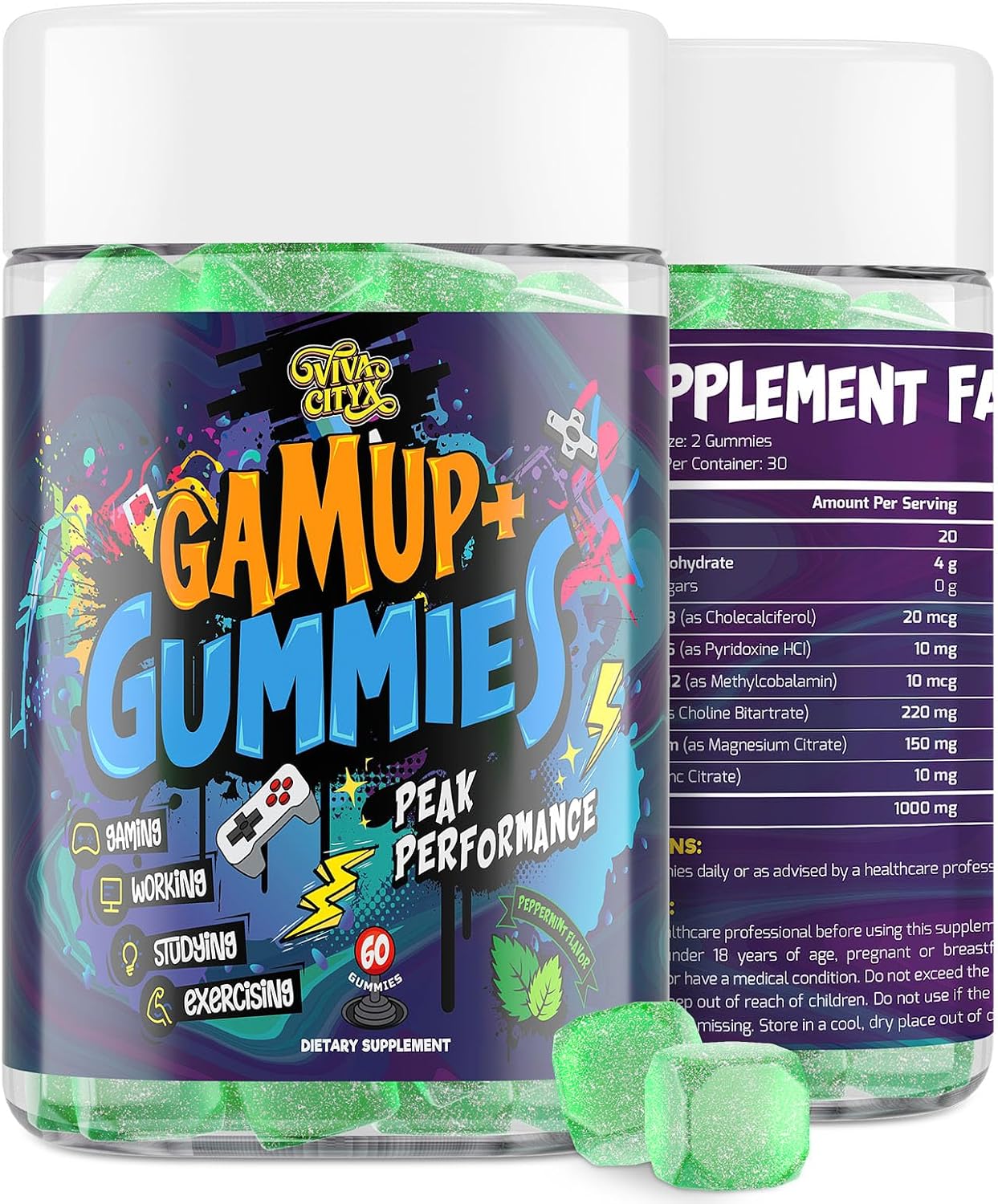 Energy and Focus Gummies - Natural Caffeine Nootropics Supplement - Brain, Eye, and Bone Complex - Sugar-Free Peppermint - for Gamers, Workers, and Active Lifestyles - 60 Gummies
