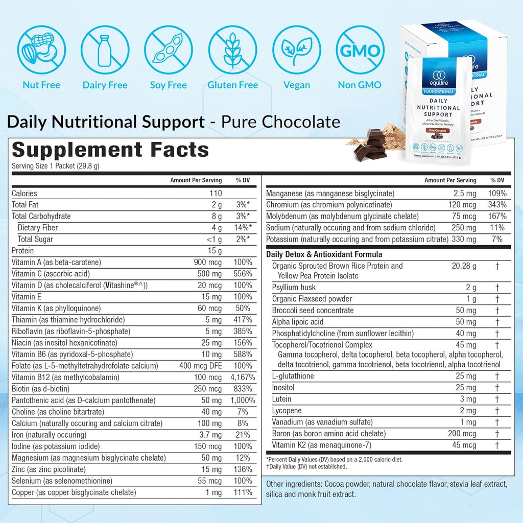 Equilife Daily Nutritional Support, All-in-One Multivitamin Meal Replacement, Pure Chocolate Flavor, 15G Plant Protein, Supports Overall Wellness Including Energy, Digestion, & Skin, 14 Packets