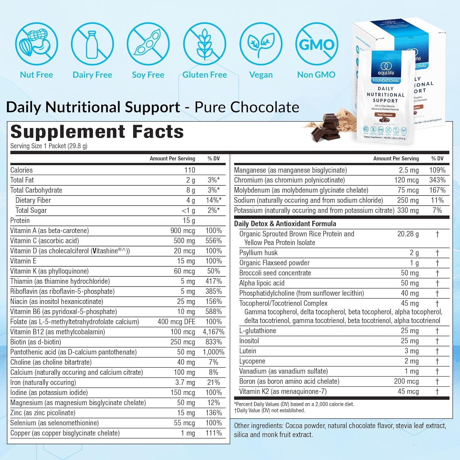 Equilife Daily Nutritional Support, All-in-One Multivitamin Meal Replacement, Pure Chocolate Flavor, 15G Plant Protein, Supports Overall Wellness Including Energy, Digestion, & Skin, 14 Packets