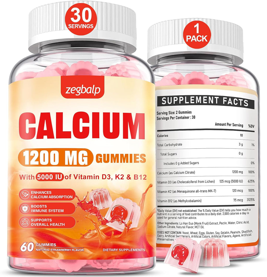 Calcium 1200 mg with Vitamin D3 Supplement for Adults - Calcium Gummies with Vitamin D3 5000IU, K2, B12 for Women Men - Extra Absorption Calcium Citrate - Natural Strawberry Flavor, 120 Gummies