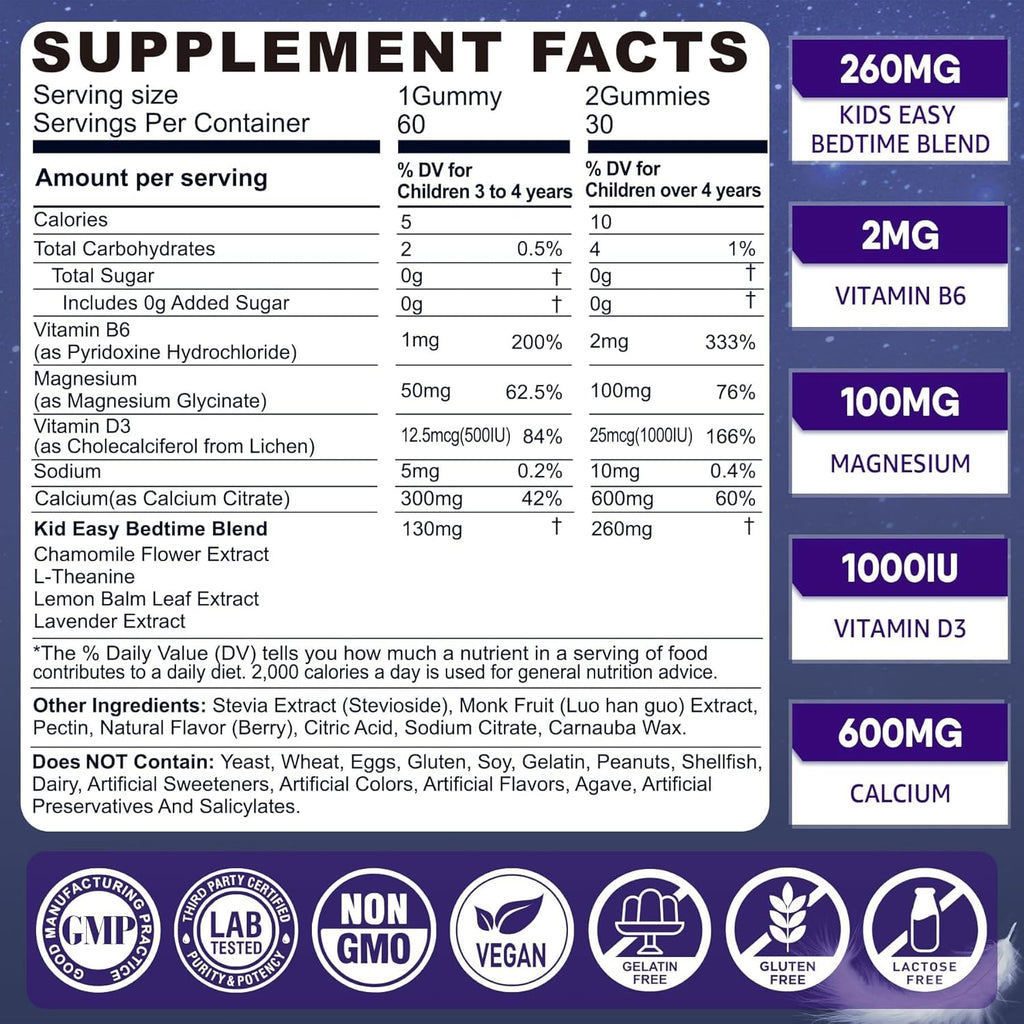 Kids Sleep Gummies - Magnesium Glycinate Gummies, Melatonin Free Sleep Aid | Magnesium, Calcium, D3, B6, L Theanine | Kid Melatonin Alternative for Restful Sleep (Pack of 1)
