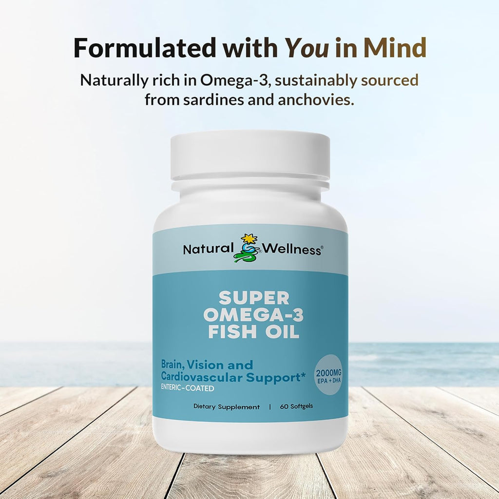 Natural Wellness Super Omega-3 Fish Oil – 600 mg EPA & 400 mg DHA for Heart, Brain, and Joint Health – 60 Enteric-Coated Softgels