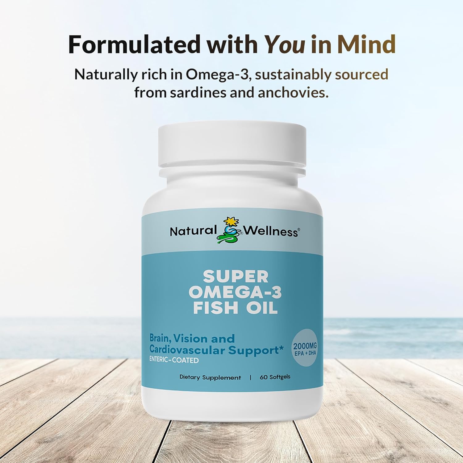 Natural Wellness Super Omega-3 Fish Oil – 600 mg EPA & 400 mg DHA for Heart, Brain, and Joint Health – 60 Enteric-Coated Softgels