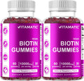 Vitamatic Biotin Gummies 10,000 mcg for Stronger Hair, Skin & Nails - 60 Vegan Gummies - Also Called Vitamin B7 (2 Bottles)