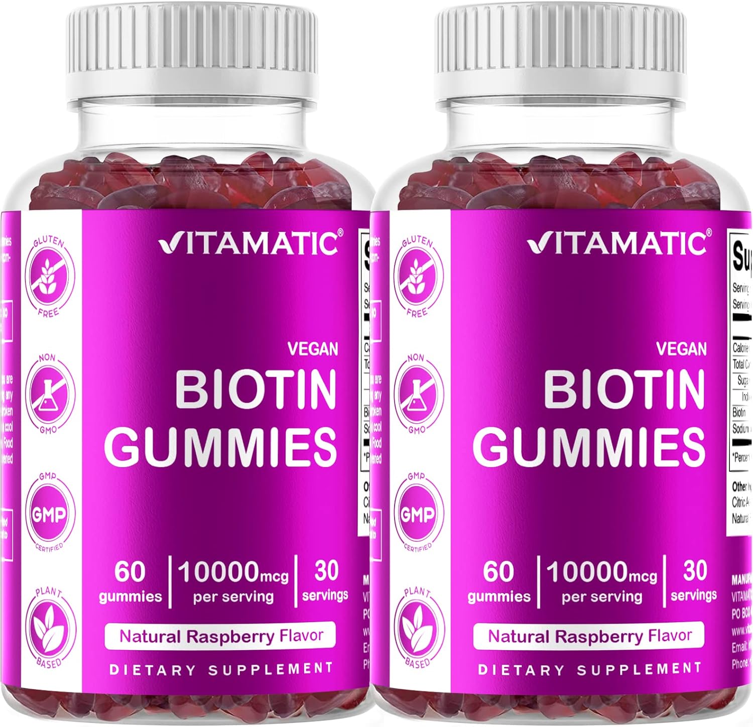 Vitamatic Biotin Gummies 10,000 mcg for Stronger Hair, Skin & Nails - 60 Vegan Gummies - Also Called Vitamin B7 (2 Bottles)