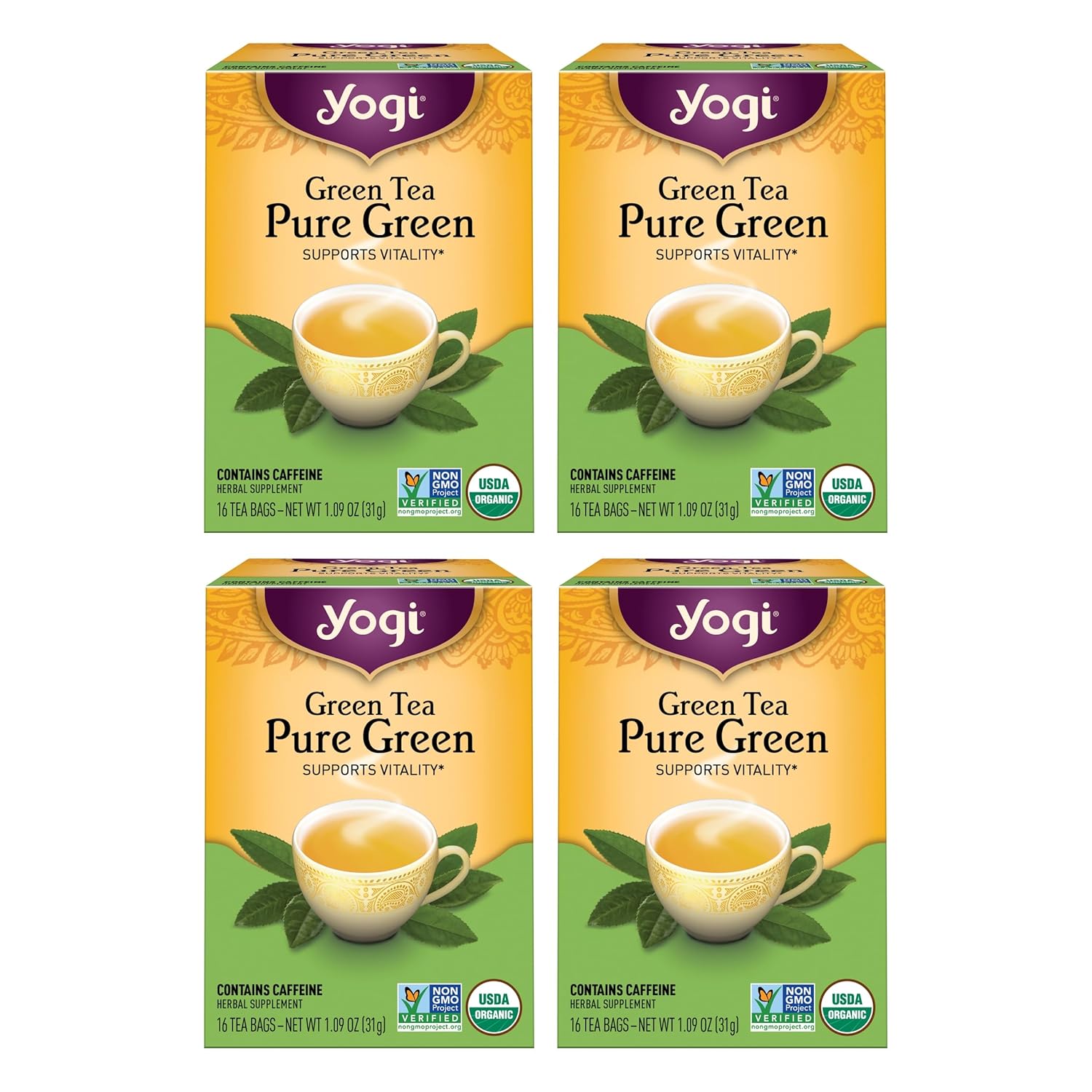 Yogi Tea Pure Green Tea - 16 Bags per Pack (4 Packs) - Organic - Supports Overall Health & Provides Antioxidants