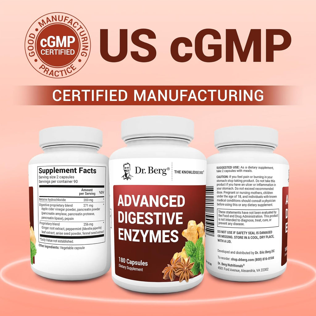 Dr. Berg Advanced Digestive Enzymes with Apple Cider Vinegar - Includes Digestive Health Ingredients Like Betaine Hydrochloride (HCI), Ginger Root & Peppermint Leaf - 180 Capsules