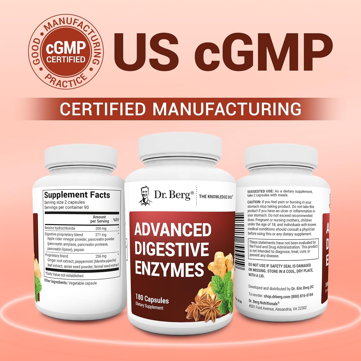 Dr. Berg Advanced Digestive Enzymes with Apple Cider Vinegar - Includes Digestive Health Ingredients Like Betaine Hydrochloride (HCI), Ginger Root & Peppermint Leaf - 180 Capsules