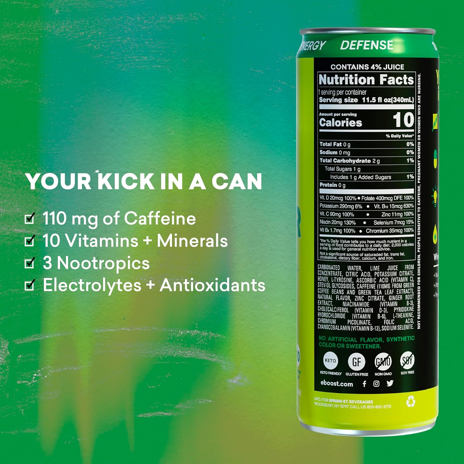 EBOOST Super Fuel Healthy Energy Drink - Caffeine from Natural & Clean Ingredients For Focus and Productivity -Taurine Free Pre-Workout With Electrolytes, Nootropic & Vitamins - Ginger Lime, 12 Pack