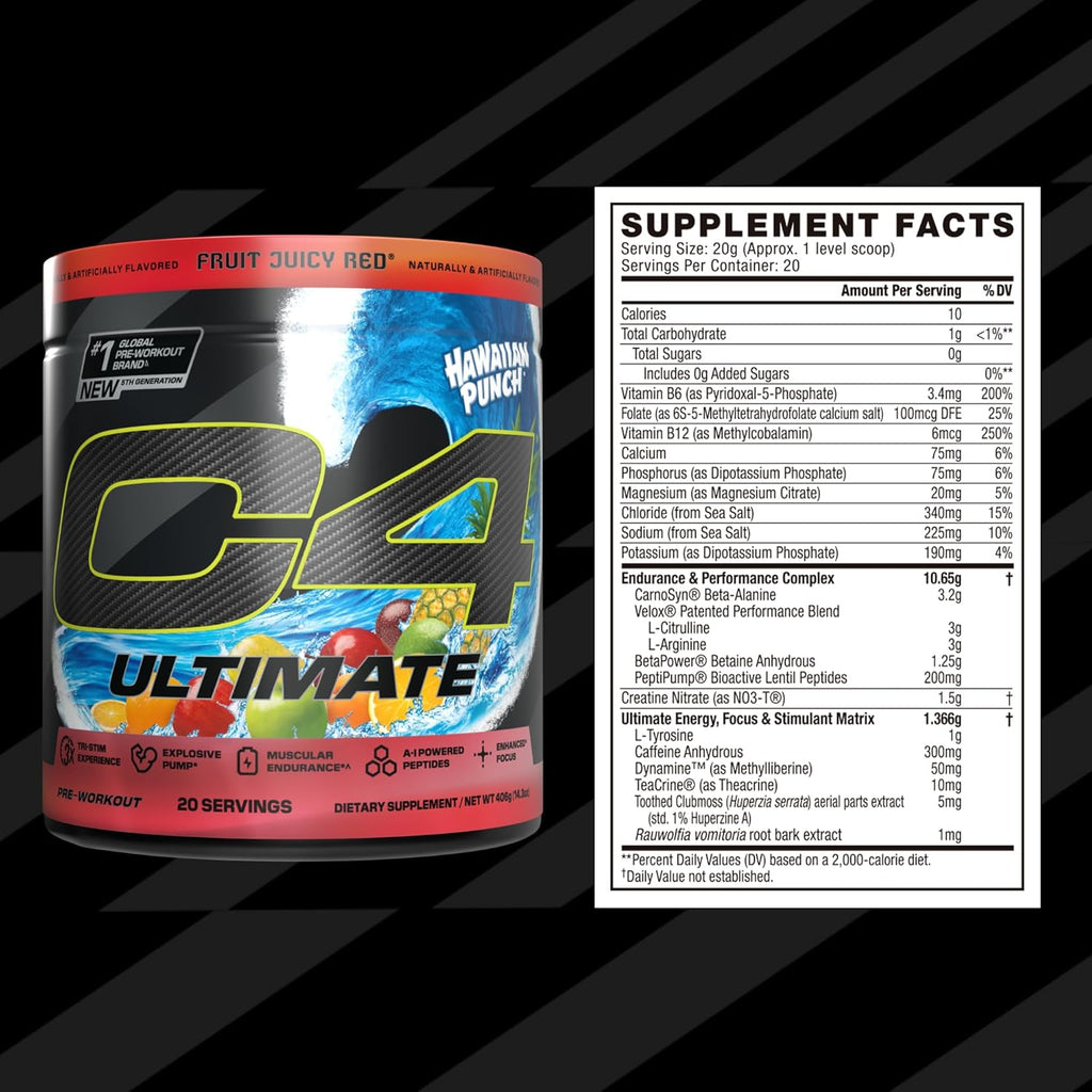 Cellucor C4 Ultimate Pre Workout Powder - Sugar Free Preworkout Energy Supplement for Men & Women - 300mg Caffeine + TeaCrine + Dynamine + Creatine - Hawaiian Punch Fruit Juicy Red, 20 Servings