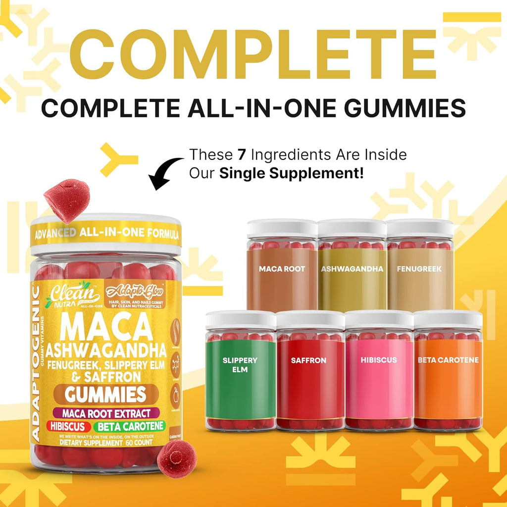 Clean Nutra Maca Root Gummies Ashwagandha Fenugreek Slippery Elm Saffron Hibiscus Beta Carotene Vitamin A for Women Macaroot Extract 60 Gummies Vegan Adaptogen Supplement Gummy Non GMO