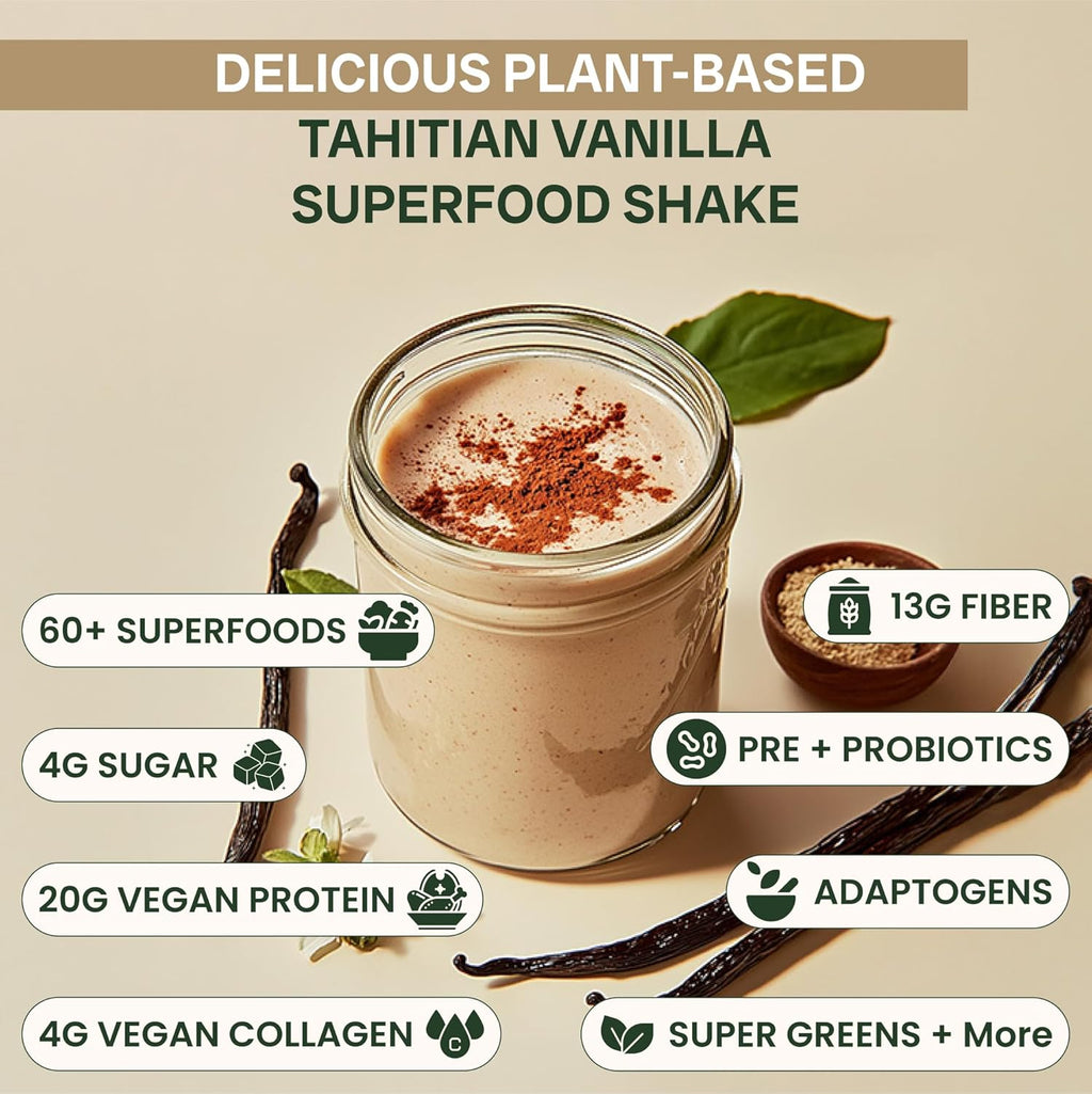 ALL-IN-ONE Superfood Shake | 60+ Superfoods - 20g Protein - 13g Fibre - Probiotics - Vegan Collagen & Digestive Enzymes | Superfood Meal Replacement Protein Shake | 825g | 15 serves