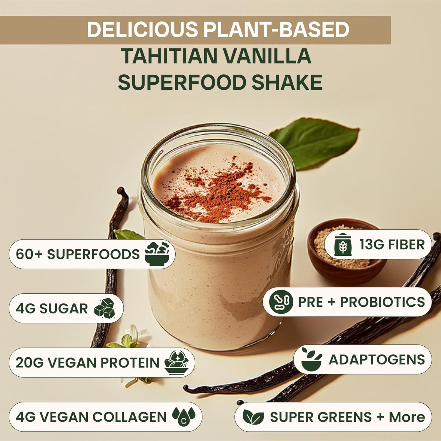 ALL-IN-ONE Superfood Shake | 60+ Superfoods - 20g Protein - 13g Fibre - Probiotics - Vegan Collagen & Digestive Enzymes | Superfood Meal Replacement Protein Shake | 825g | 15 serves