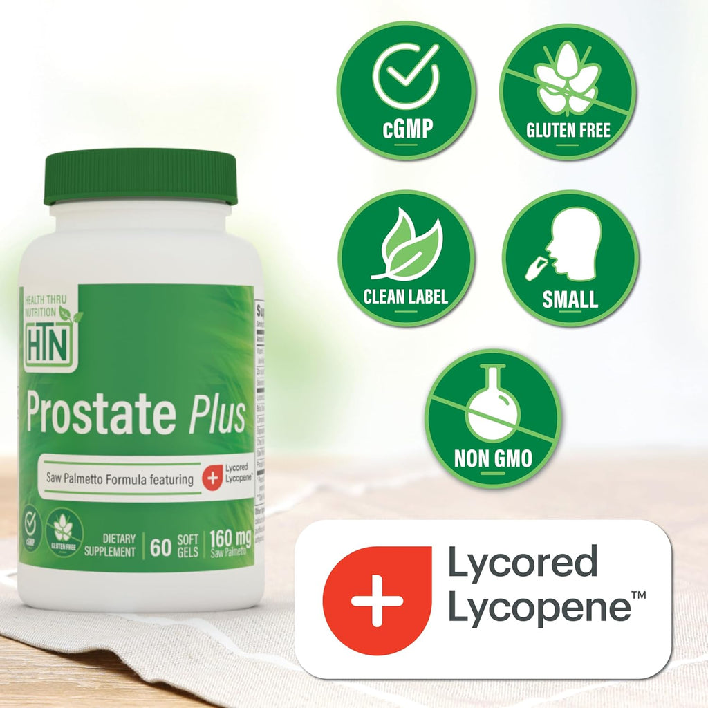 Health Thru Nutrition Prostate Plus with Saw Palmetto Extract, Lycopene as Lycored, Plant Sterols, Selenium, Zinc and Pumpkin Seed | Complete Prostate Support | Non-GMO & Gluten Free (Pack of 60)