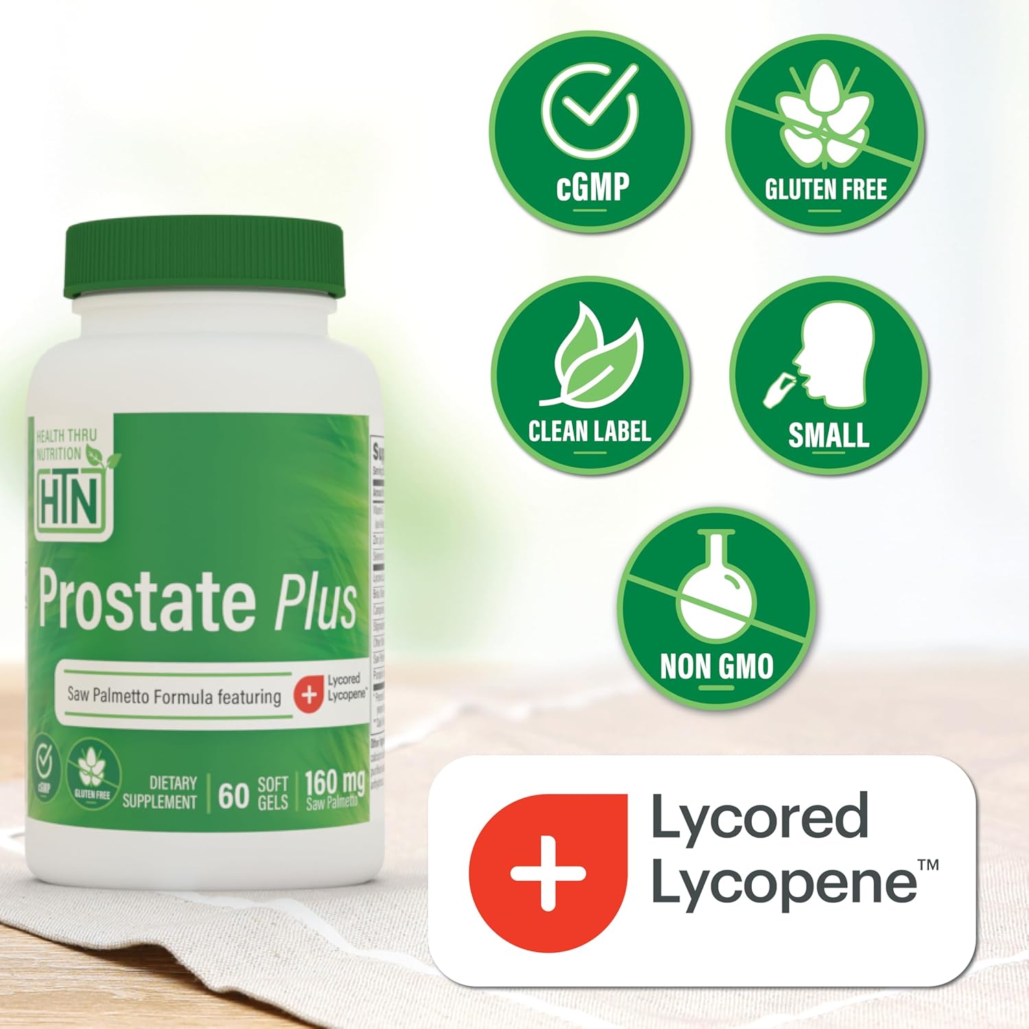 Health Thru Nutrition Prostate Plus with Saw Palmetto Extract, Lycopene as Lycored, Plant Sterols, Selenium, Zinc and Pumpkin Seed | Complete Prostate Support | Non-GMO & Gluten Free (Pack of 60)