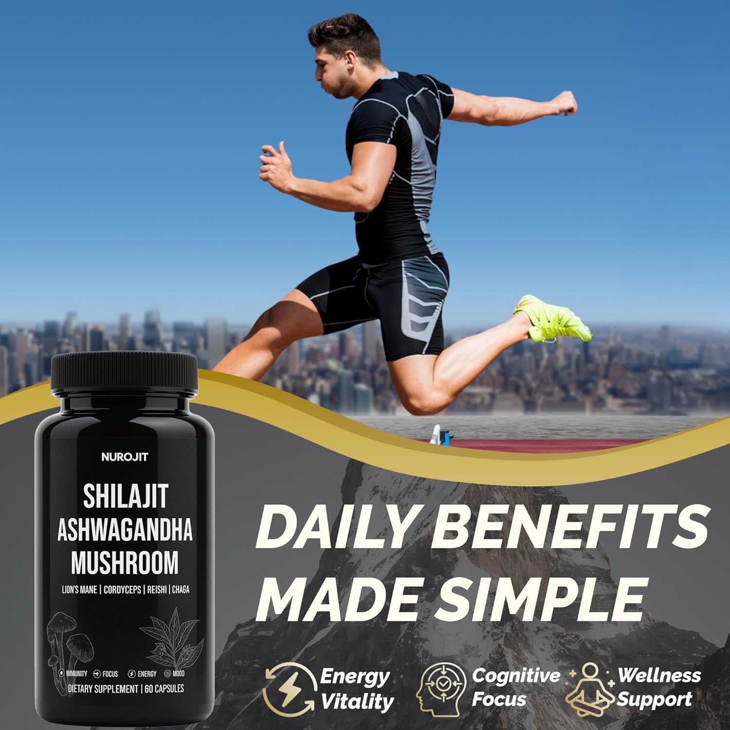 Shilajit Ashwagandha Mushroom Capsules, Herbal Blend with Lion’s Mane, Cordyceps, Reishi & Chaga, Vegan, Lab Tested, Non-GMO Supplement for Focus, Energy, Clarity & Daily Balance (60 Caps)