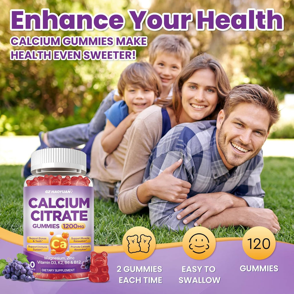 Calcium Citrate Gummies - 1200mg Calcium Gummies Supplements for Women & Men with Vitamin D3, K2, Magnesium, Zinc High Absorption for Bone, Muscle & Immune Support, Grape Flavor, 120 Count
