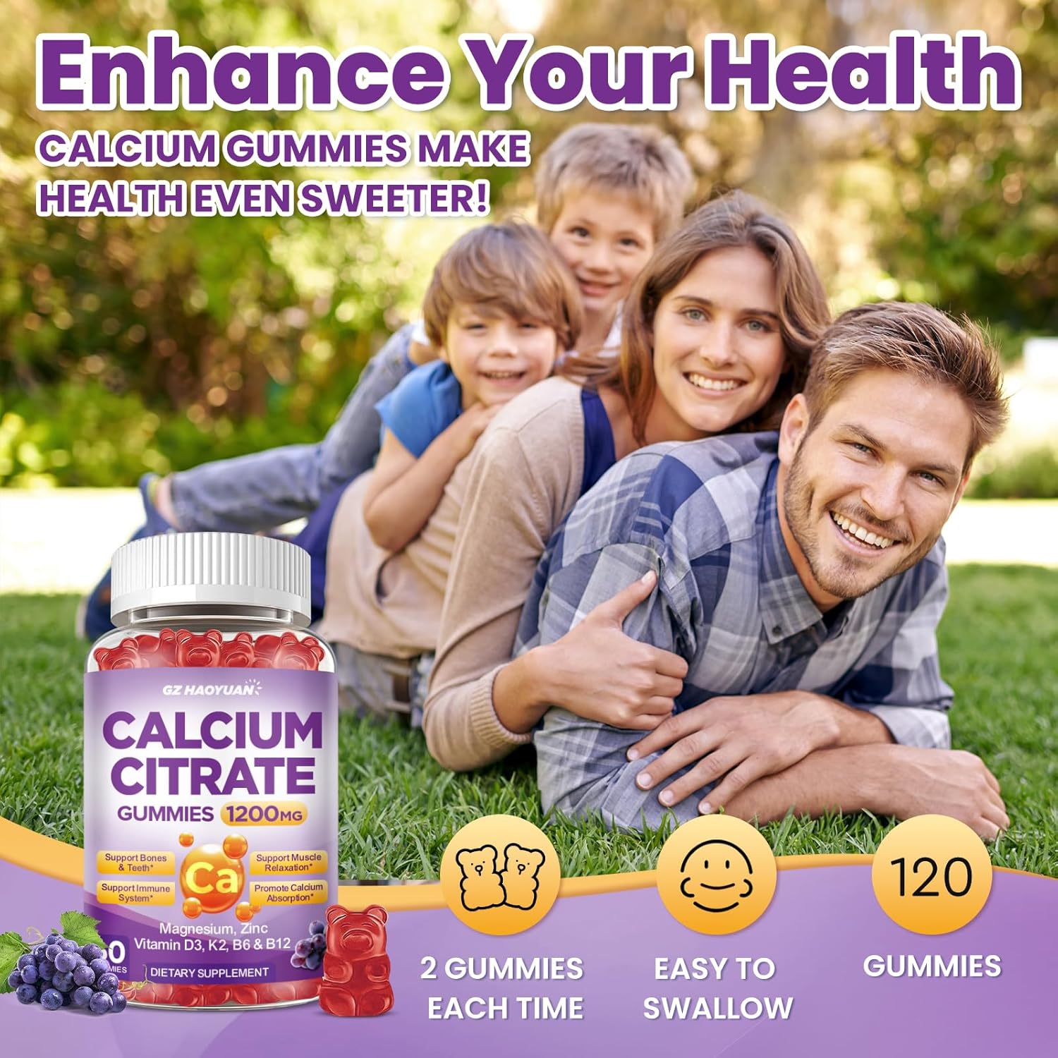 Calcium Citrate Gummies - 1200mg Calcium Gummies Supplements for Women & Men with Vitamin D3, K2, Magnesium, Zinc High Absorption for Bone, Muscle & Immune Support, Grape Flavor, 120 Count