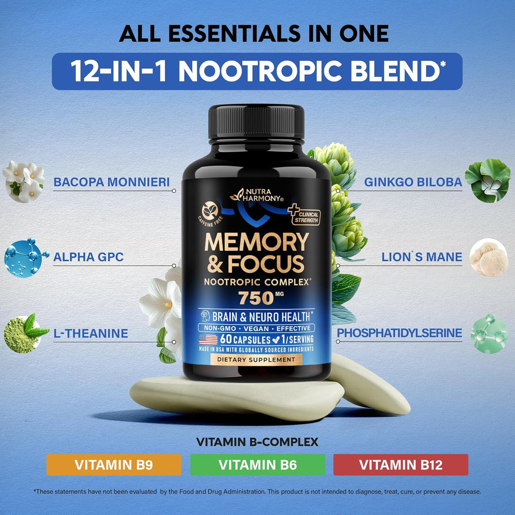 Brain Supplement for Memory & Focus 750 mg - Magnesium | L-Theanine | Bacopa Monnieri | Ginkgo Biloba | Lions Mane - 12in1 Nootropic Complex for Neuro Health - Caffeine-free - Made in USA, 60 Capsules