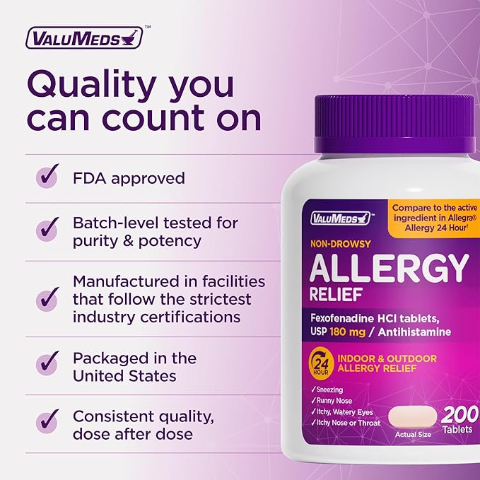 ValuMeds 24-Hour Allergy Relief Fexofenadine Hydrochloride 180mg | Non-Drowsy Antihistamine Generic Medicine for Allergies, Hay Fever, Itchy Eyes for Kids, Adults | Compare to Allegra (200-Count)