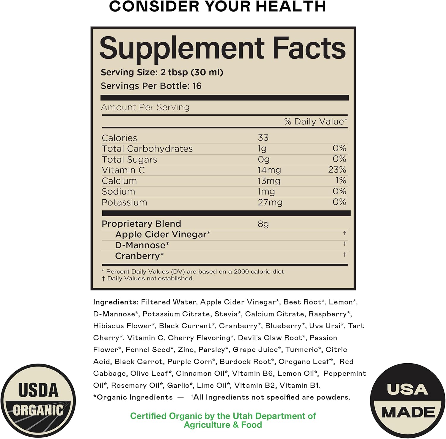 Complete Natural Urinary Tract Complete 8oz - Liquid Supplement for Urinary Tract Health with Organic Cranberry, D-Mannose, Beet Root, Fennel Seed, and Turmeric