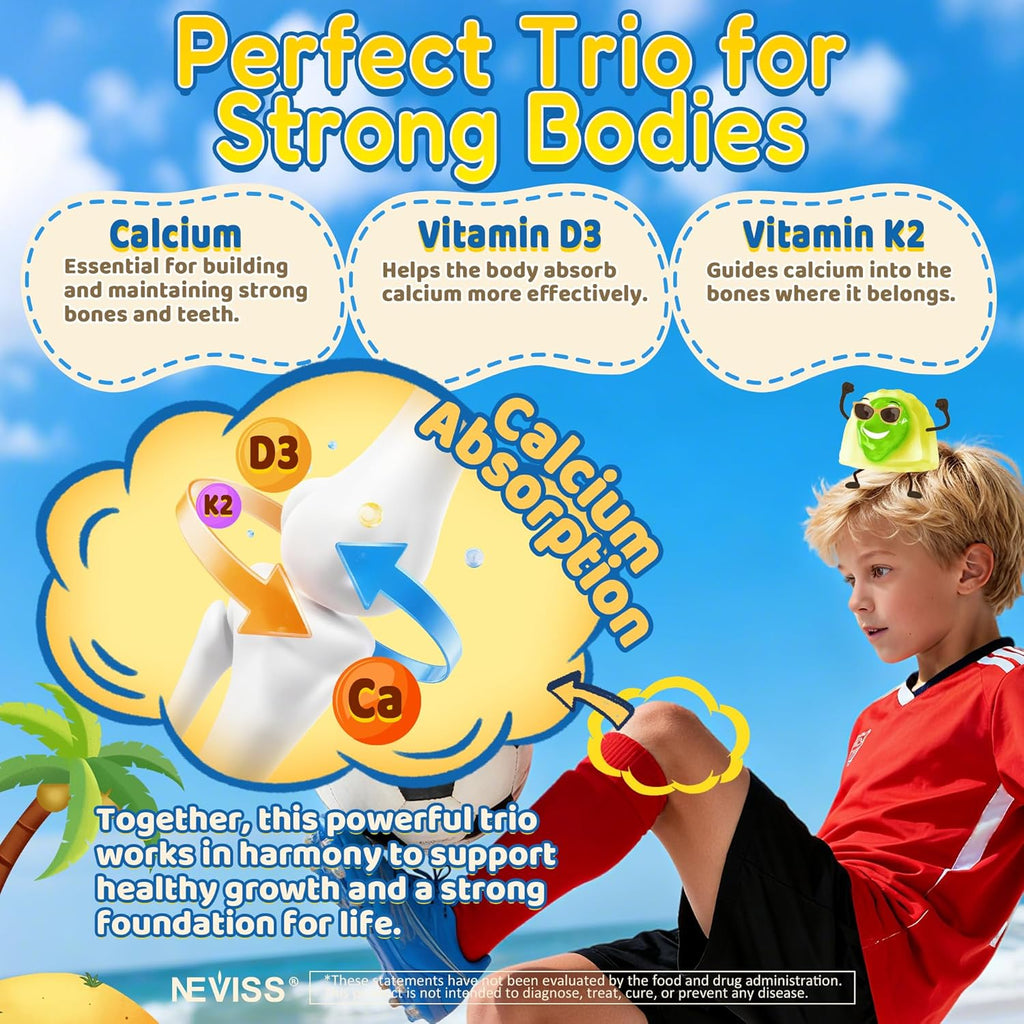 Kids Calcium Gummies (from Algae) + Vitamin D3 (1000iu/2000IU), K2, Magnesium, Phosphorus, Probiotic & Prebiotic, Vitamins for Kids & Teens for Bones & Teeth, Calcium Absorption, Sugar Free, 60 Counts