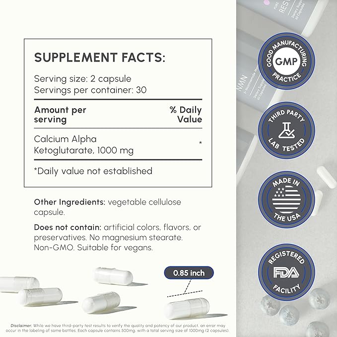 CA AKG Supplement - Pure Alpha Ketoglutarate with High Bio-Avaibility - Calcium AKG Supplement 1000mg per 2 Capsule Serving - Supports Healthy Aging Process - Made in The USA - 60 Capsules