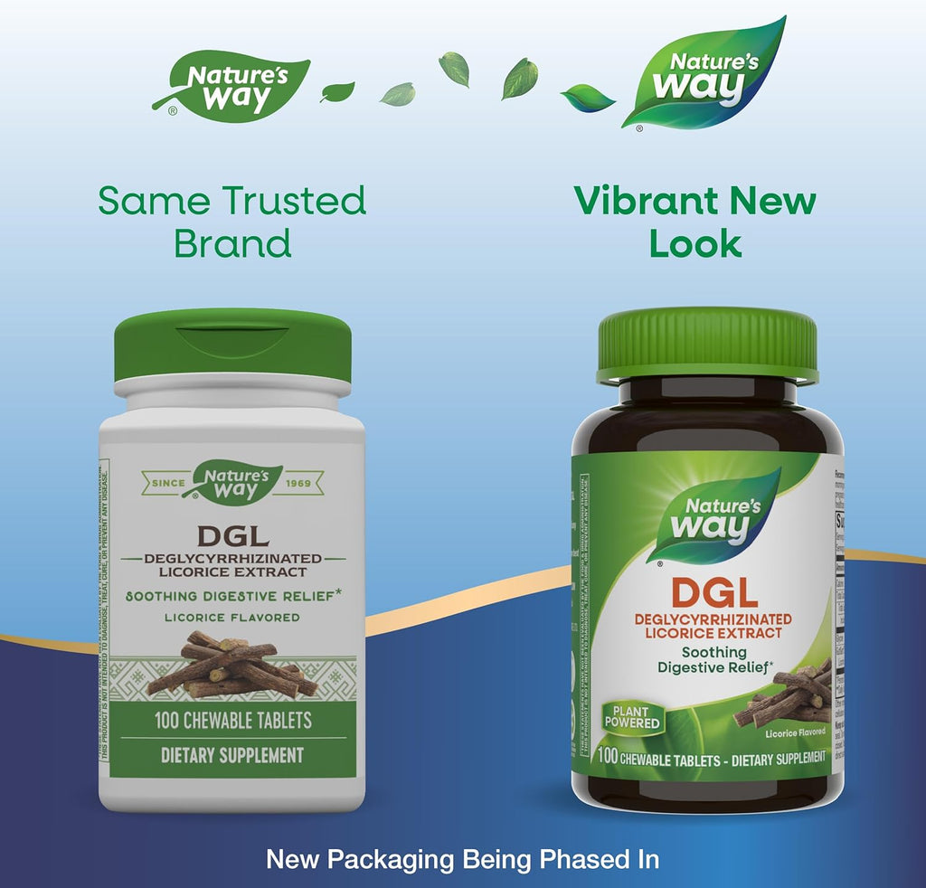 Nature's Way DGL Chewable Tablet - Digestive Support & Relief* - Deglycyrrhizinated Licorice Extract - Gluten, Soy & Dairy Free - 100 Chewables