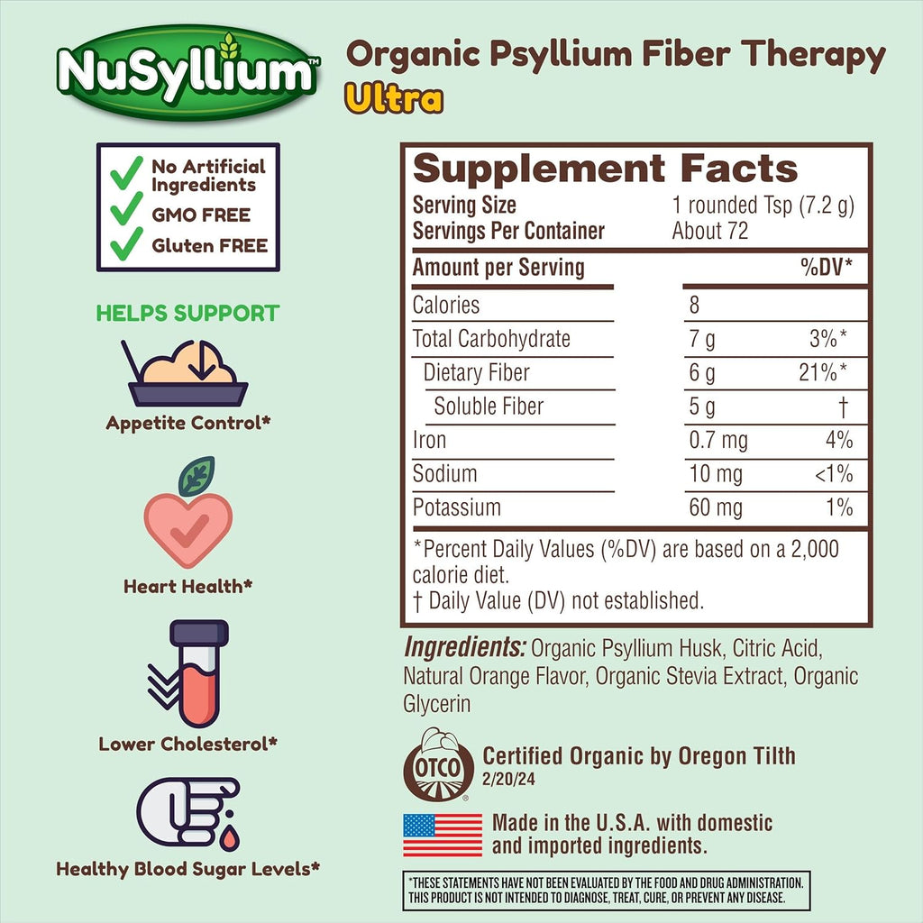 Ultra Psyllium Husk Powder, Organic, 10.7 Oz (Pack of 2) Sugar Free, Keto-Friendly Fiber Supplement, Helps Promote Digestive Health* & Appetite Control* Natural Orange, 2 x 42 Servings