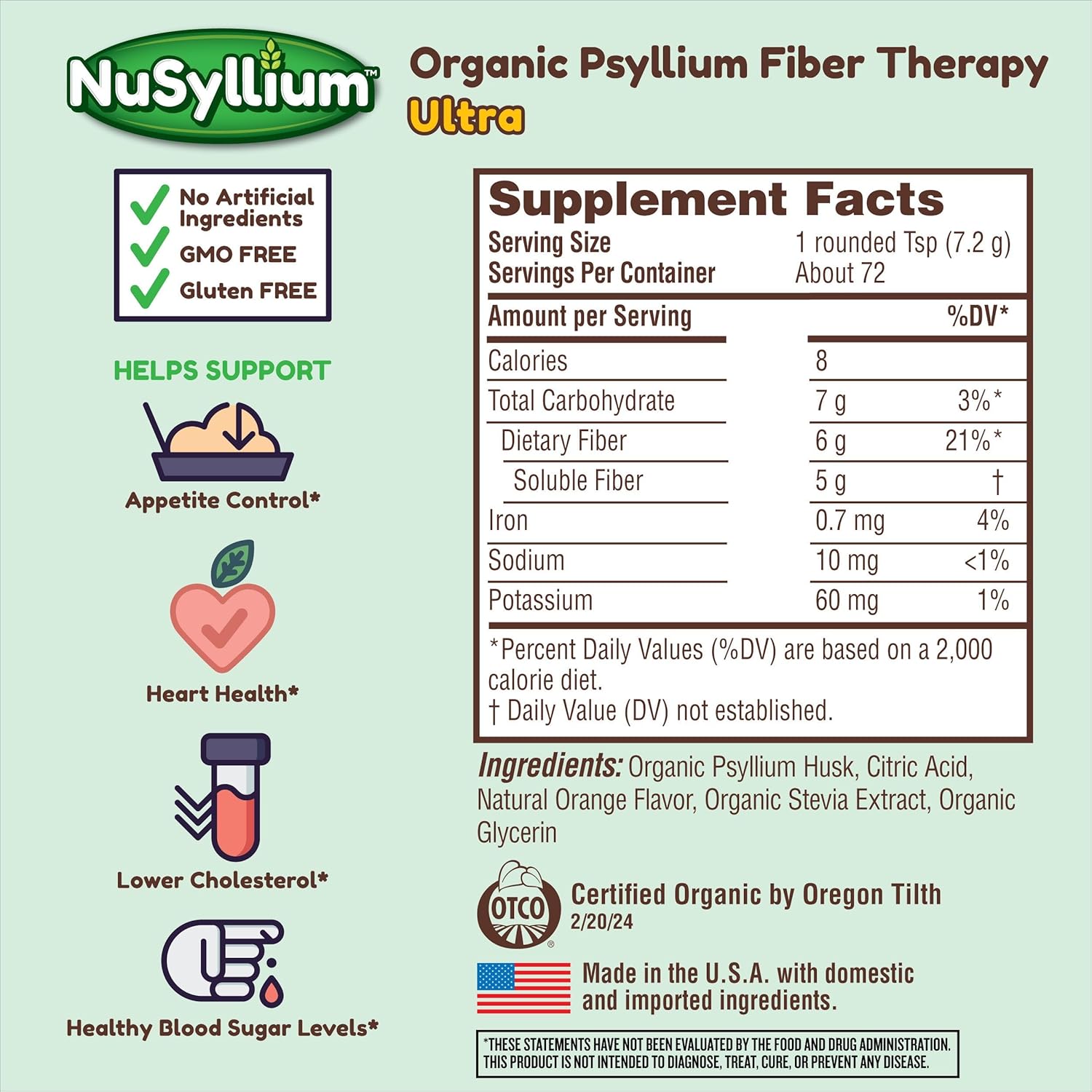 NuSyllium Ultra Psyllium Husk Powder, USDA Organic, 10.7 Oz, Sugar Free Keto-Friendly Fiber Supplement, Promotes Digestive Health* Orange, 42 Servings