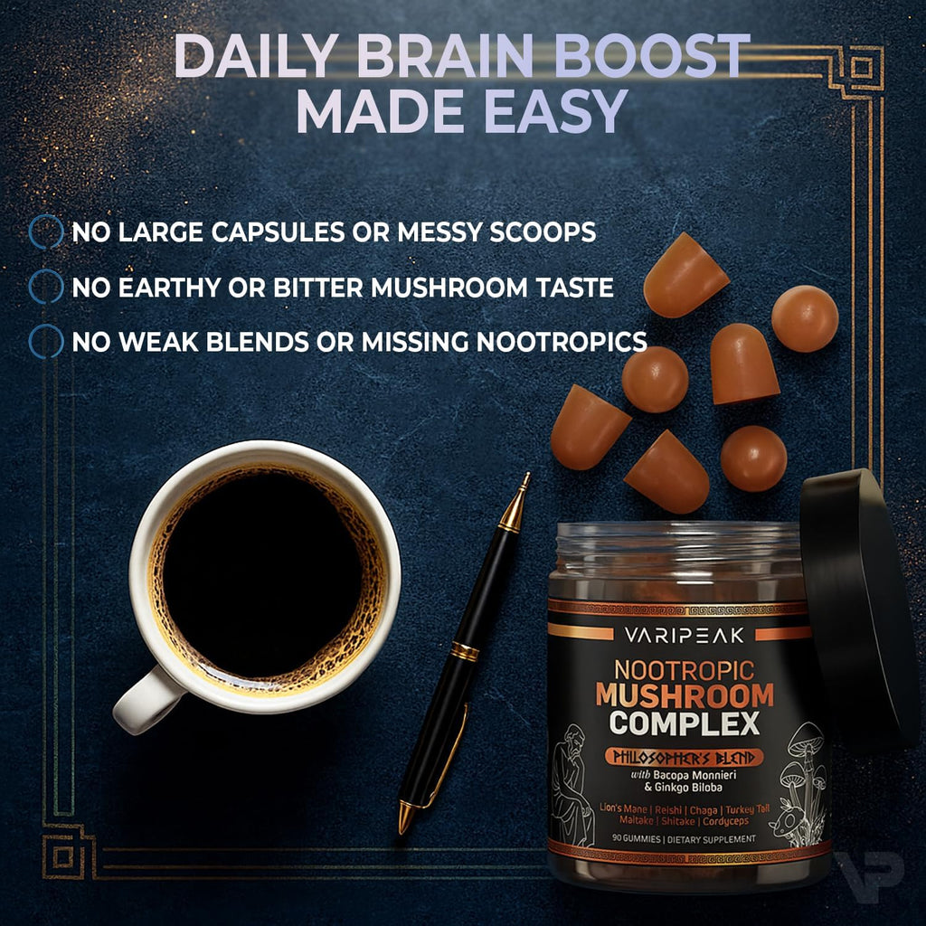 9-In-1 Nootropic Mushroom Gummies | With Lion's Mane, Reishi, Chaga, & More | Enhanced with Bacopa Monnieri & Gingko Biloba | For Focus & Memory | 90 Ct | Sugar Free & Vegan | for Men and Women