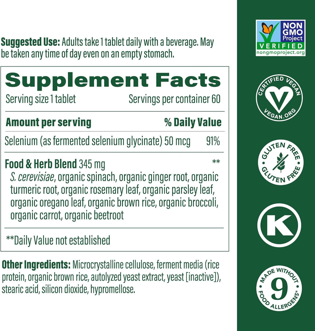 MegaFood Selenium - Selenium 50 mcg - Supplement with Food & Herb Blend - Immune Support - Vegan, Non-GMO - Made Without 9 Food Allergens - 60 Tablets (60 Servings)