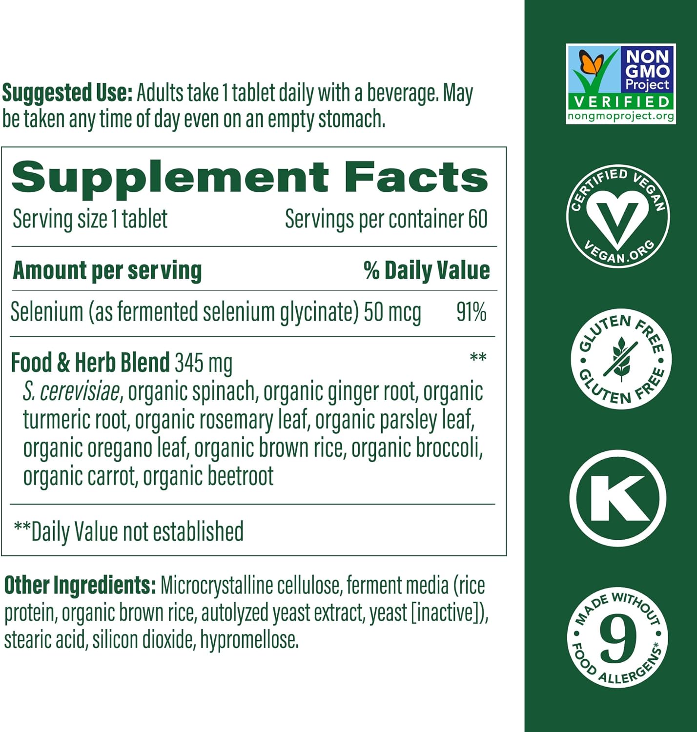 MegaFood Selenium - Selenium 50 mcg - Supplement with Food & Herb Blend - Immune Support - Vegan, Non-GMO - Made Without 9 Food Allergens - 60 Tablets (60 Servings)
