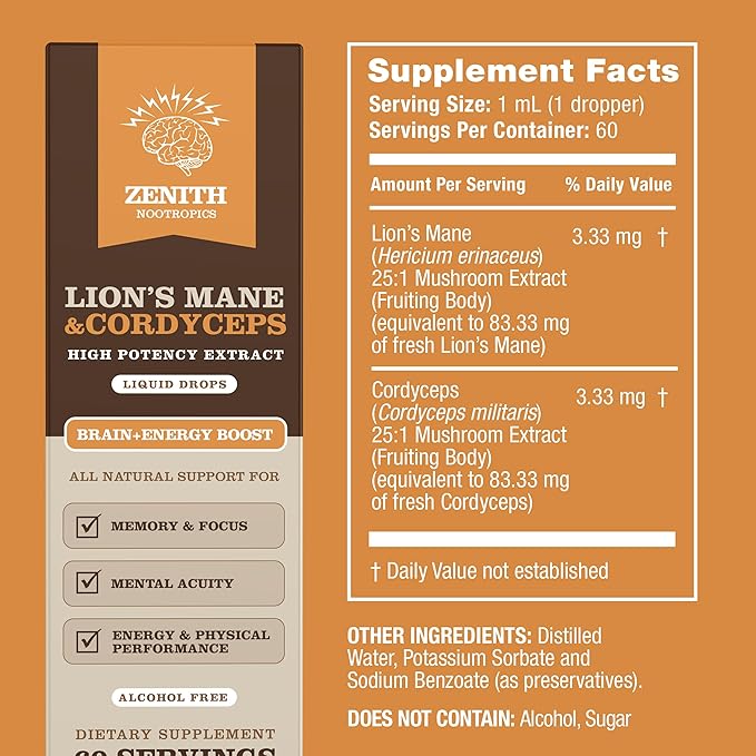 Lion’s Mane & Cordyceps Supplement – Brain & Energy Support – Focus, Memory, Clarity, Immunity – Vegan, Alcohol-Free Tincture – Up-to 2-Month Supply, 2 fl oz