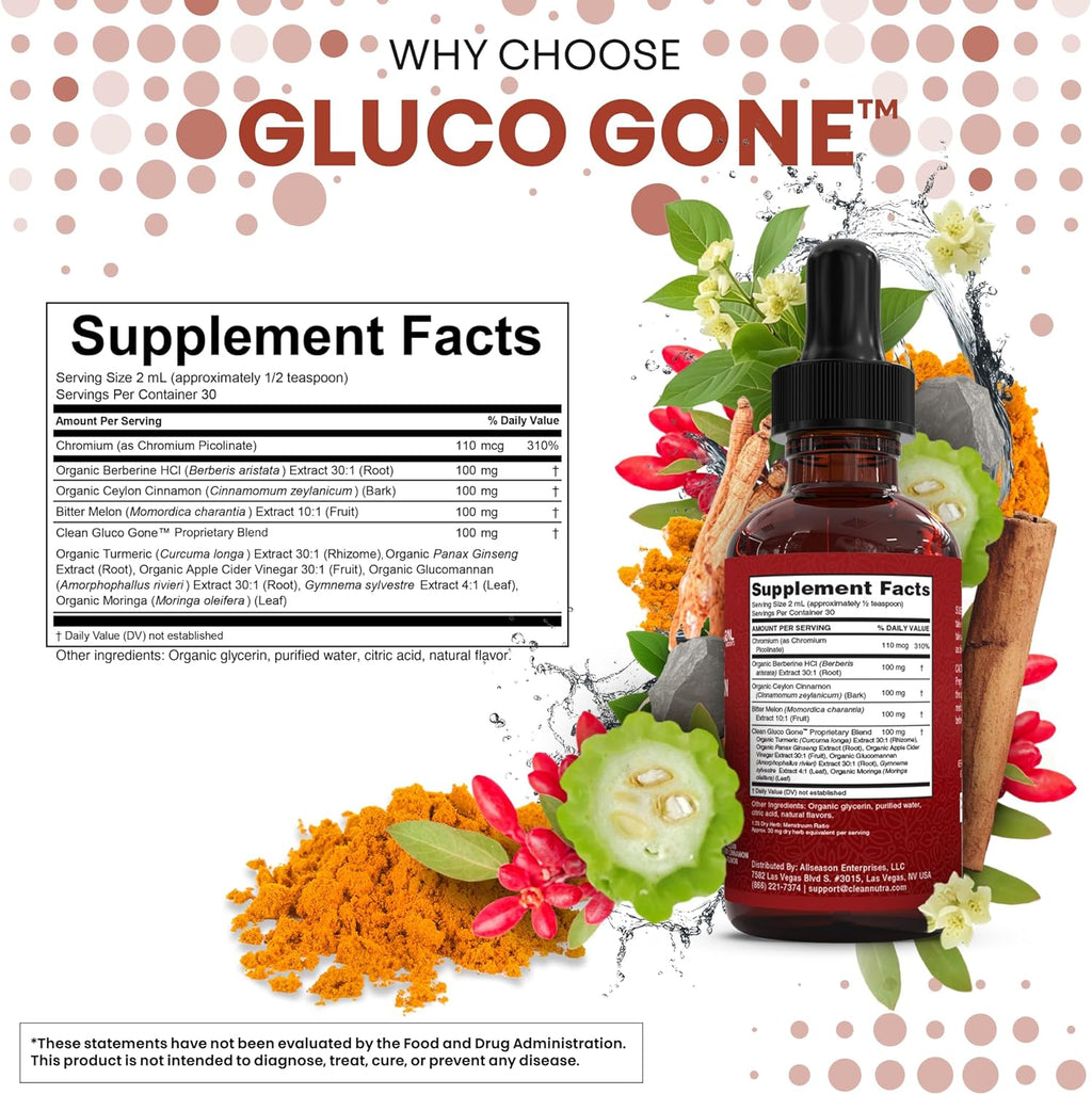Clean Nutra Berberine with Ceylon Cinnamon Supplement Liquid Drops + Bitter Melon Extract, Glucomannan, Gymnema, Chromium, Turmeric, Organic Panax Ginseng, Moringa GLP-1 Support