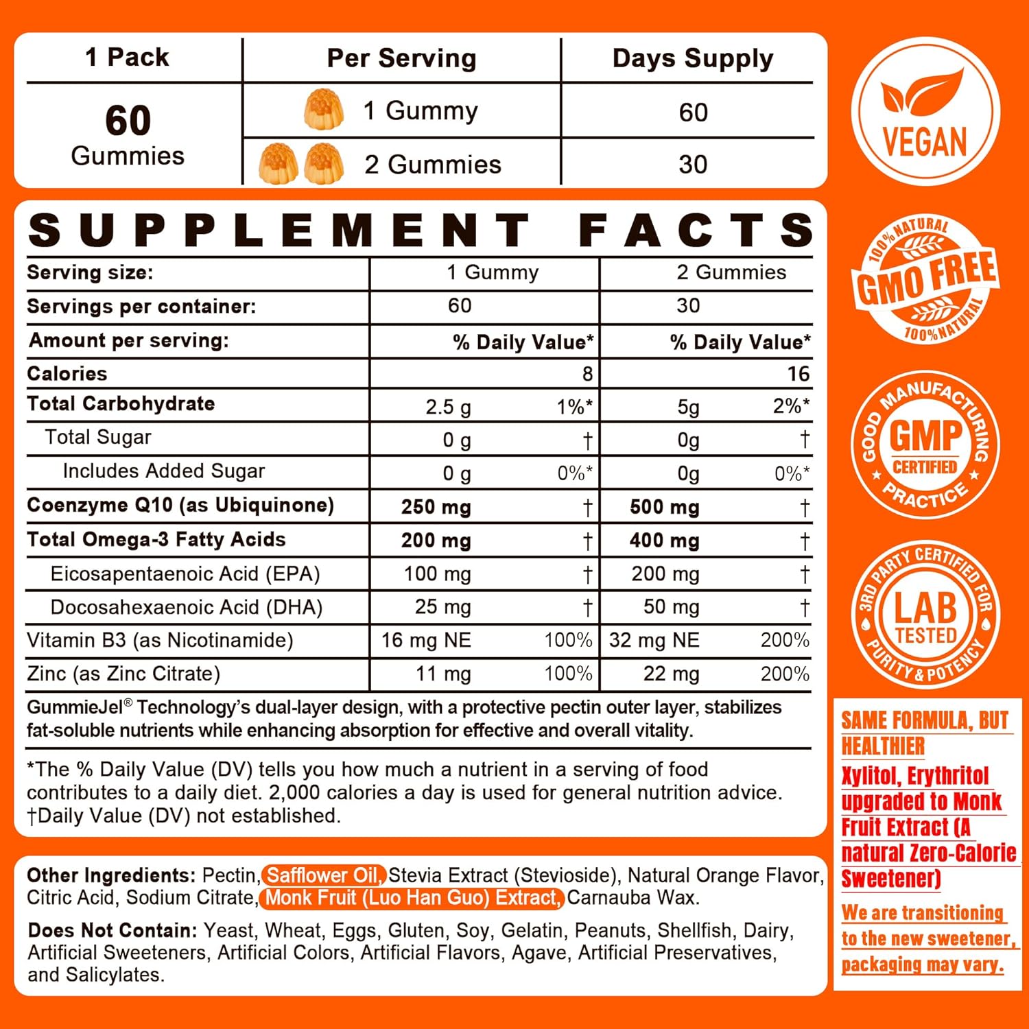Sugar-Free CoQ10-250mg / 500mg Filled Gummies - Plus Omega-3, EPA + DHA, B3 & Zinc - Ultra Co Q-10 Supplements for Hear-t Health, Cellular Energy, Antioxidant Support, Up to 60 Day Supply, Vegan 60Cts