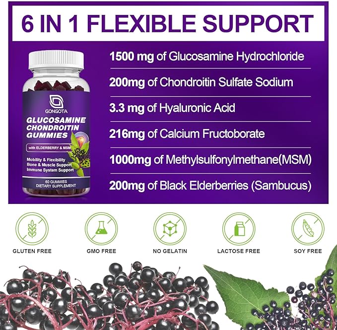 Glucosamine Chondroitin Gummies - 2- Pack, Extra Strength 1500mg Glucosamine with MSM & Elderberry, Flexibility Support, Best Cartilage & Immune Support Supplement for Men and Women - 60count (1 Pack)