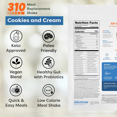 310 Nutrition All-In-One Meal Replacement Shake Powder - Plant-Based Protein Smoothie Blend w/High Fiber, Probiotics & Adaptogens - Low Carb, Vegan, Keto & Paleo Friendly - Cookies N Cream - 28 Srv