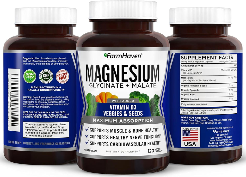 FarmHaven Magnesium Glycinate & Malate Complex w/Vitamin D3 & Turmeric Curcumin with BioPerine Black Pepper & Digestive Enzymes with 18 Probiotics & Herbs