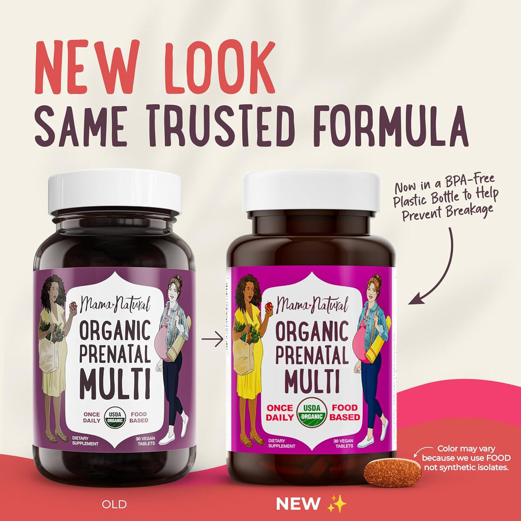 Mama Natural Organic Prenatal Vitamins for Women Vegan (30 Servings) | One A Day Prenatal Vitamins for Pregnant Women | Food Based, Non-GMO & Gluten-Free - Pre Natal Multivitamin with Folate