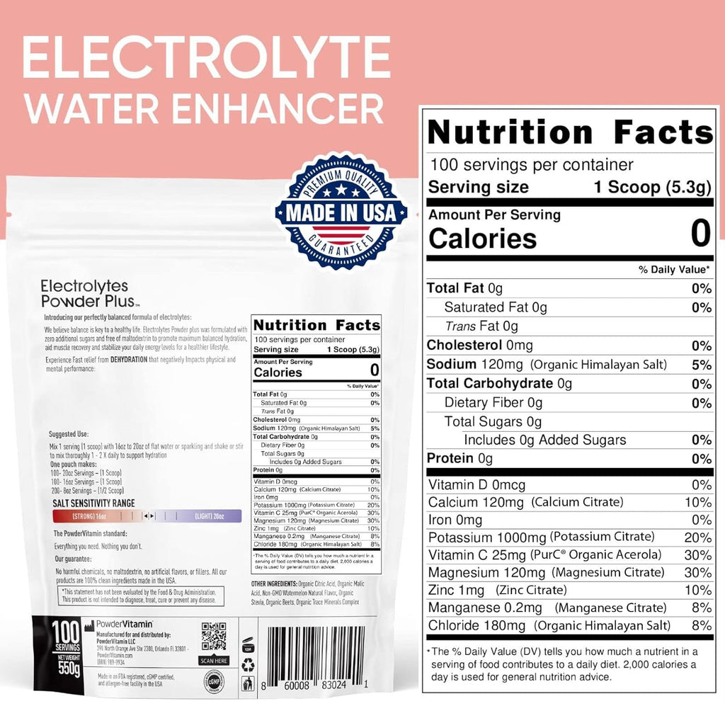 PowderVitamin Electrolytes Powder Plus (100 Servings) Watermelon Electrolyte Powder, Zero Calorie, Keto, 0 Sugar, No Maltodextrin,1000mg Potassium,120mg Calcium,120mg Magnesium, Energy Hydration Powde