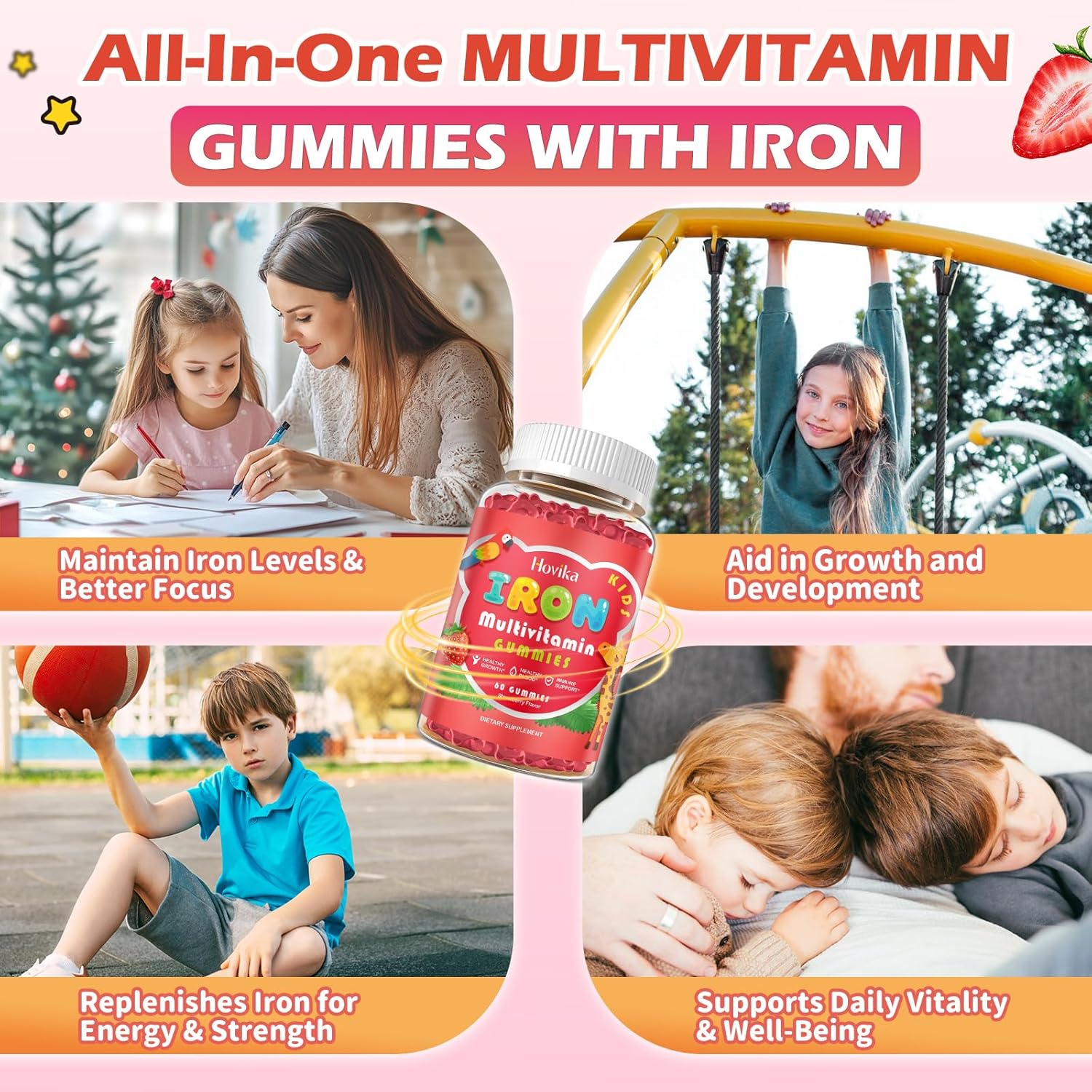 Iron Supplement Gummies for Kids with Multivitamin, Calcium, Zinc, Folate - Kids Iron Gummies Support Immune, Blood Builder, Iron Deficiency, Anemia & Energy - Vegan, Strawberry 60 Count
