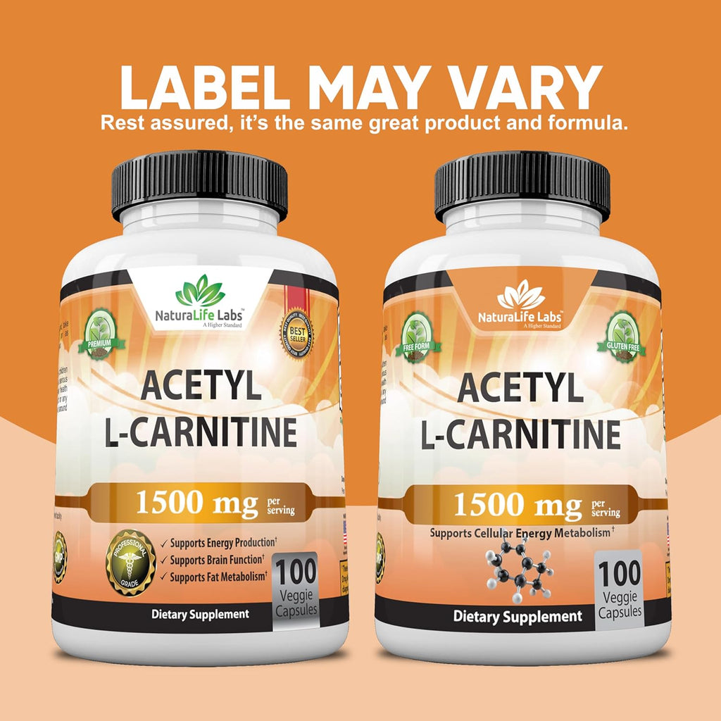 Acetyl L-Carnitine 1,500 mg High Potency Supports Energy Production, Sports Nutrition, Supports Memory/Focus - 100 Veggie Capsules