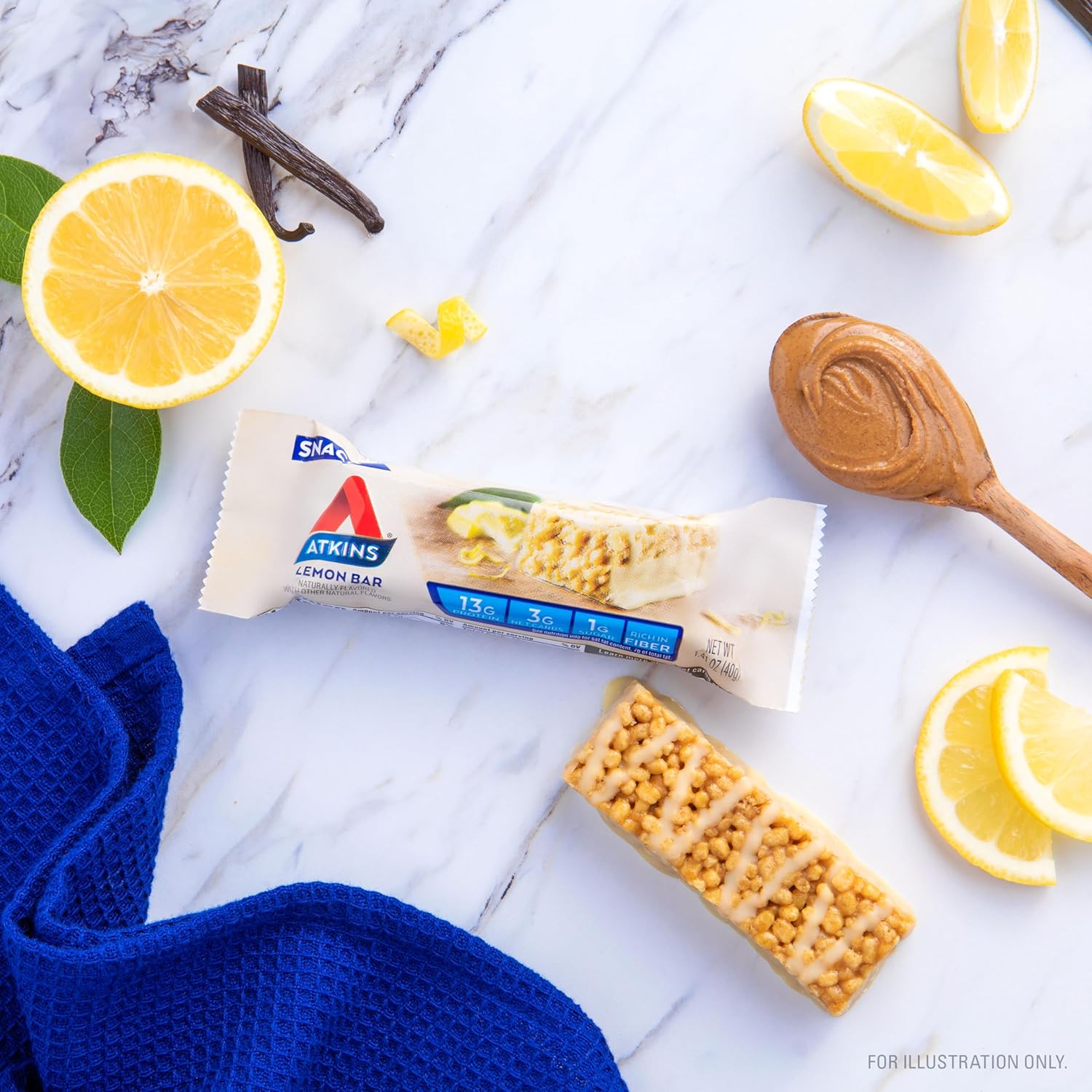 Atkins Lemon Flavored Snack Bar, High Protein Bar, Low Sugar and Low Carb, Keto Friendly Snack, Gluten Free, High in Fiber, Made with Real Almond Butter, 16 Count
