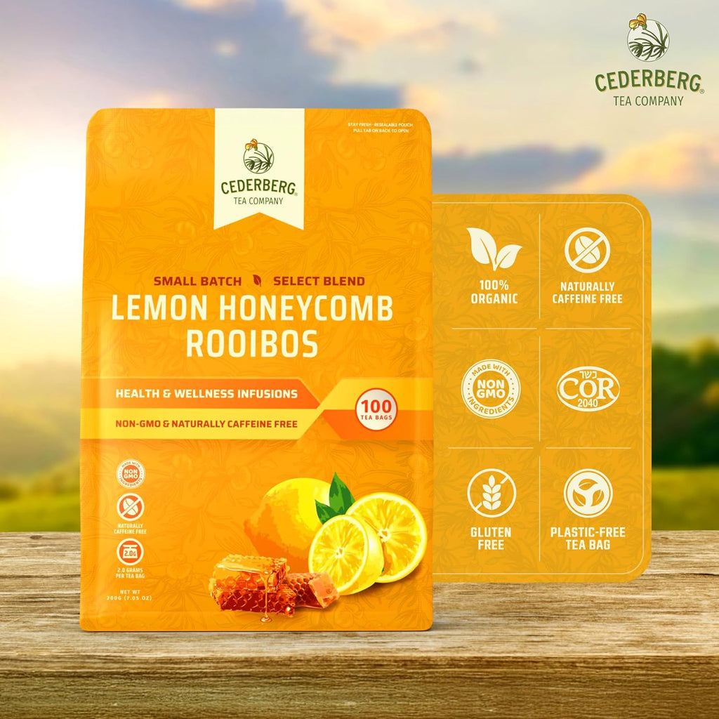 Cederberg Tea Company Lemon Honeycomb Rooibos Tea Bags - Made with Organic Red Rooibos Tea, South African Herbal Tea, Naturally Caffeine Free Tea, Small Batch - Select Blend Non-GMO, Premium Leaf, Antioxidant-Rich, 100 Count