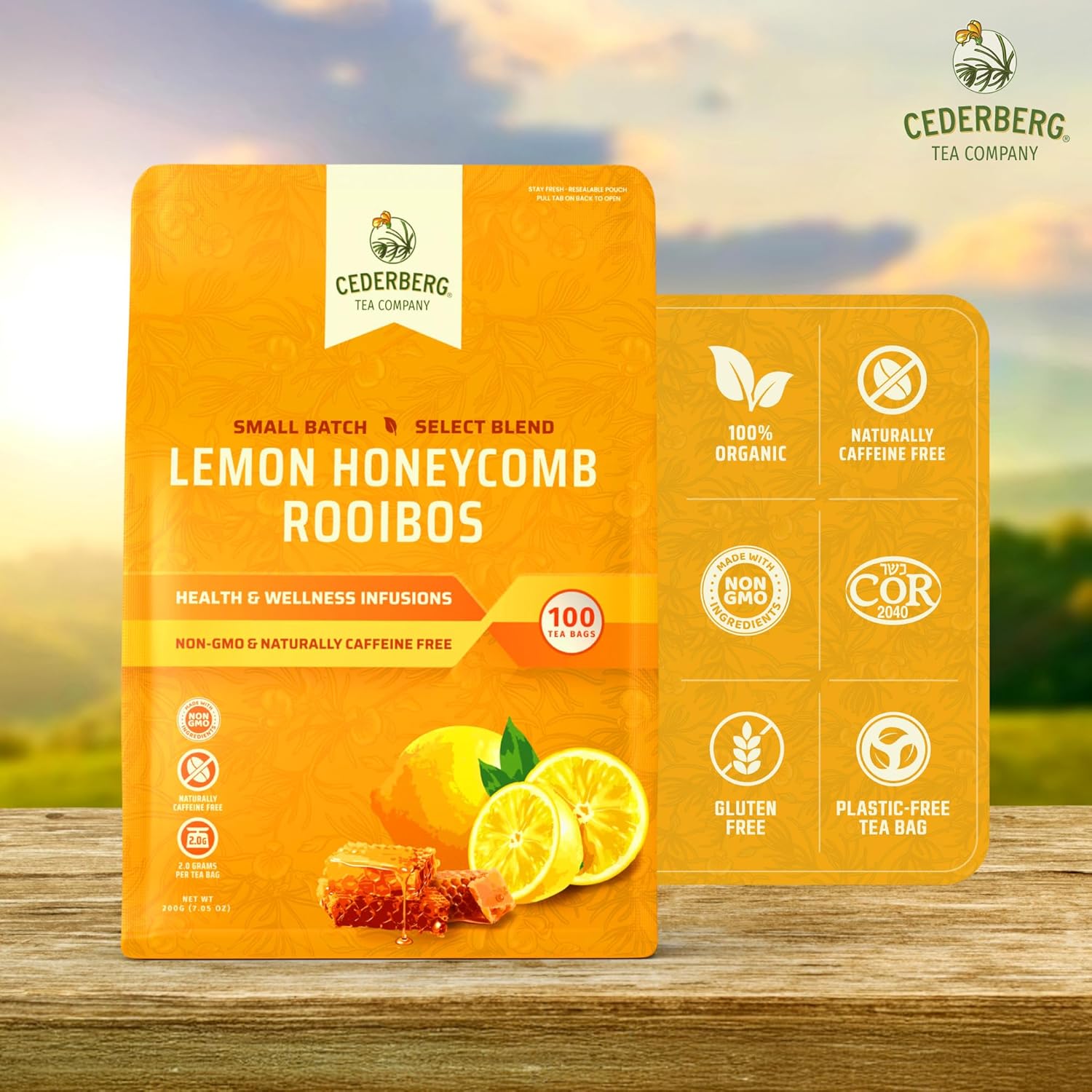 Cederberg Tea Company Lemon Honeycomb Rooibos Tea Bags - Made with Organic Red Rooibos Tea, South African Herbal Tea, Naturally Caffeine Free Tea, Small Batch - Select Blend Non-GMO, Premium Leaf, Antioxidant-Rich, 100 Count