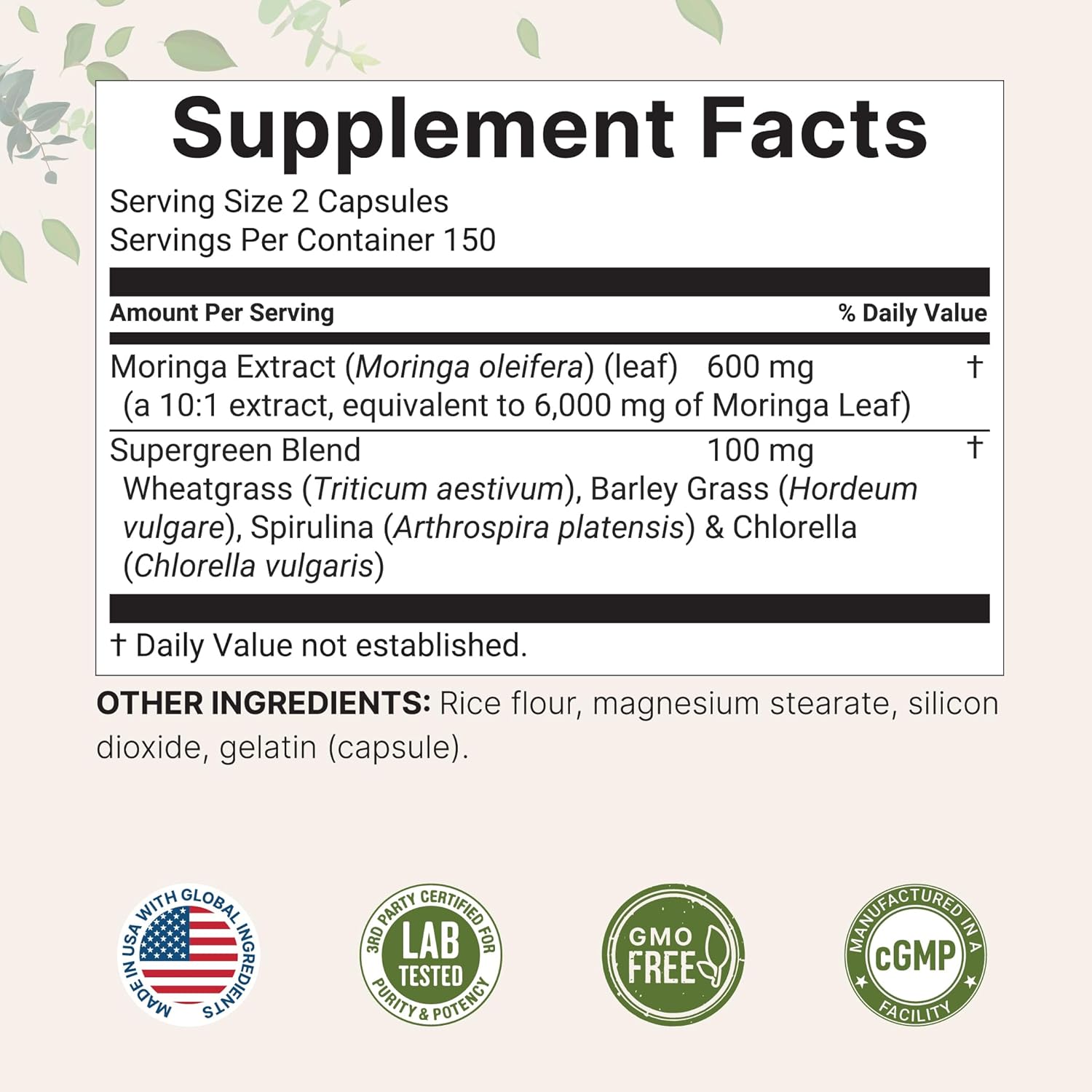 Moringa Oleifera 6,000mg Equivalent | 300 Capsules with Supergreens Blend of Wheatgrass, Barley Grass, Spirulina, & Chlorella | Antioxidant Supplement, Energy, & Immune Support | Non-GMO
