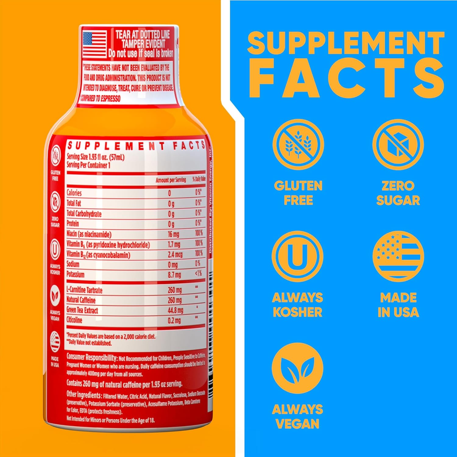 Vitamin Energy Immune+ Extra Strength Energy Shot Orange Burst 8 Pack, 260mg Natural Caffeine, B-Vitamins, Citicoline, Green Tea, Immunity & Focus Support, Zero Sugar, Gluten-Free 1.93 fl oz
