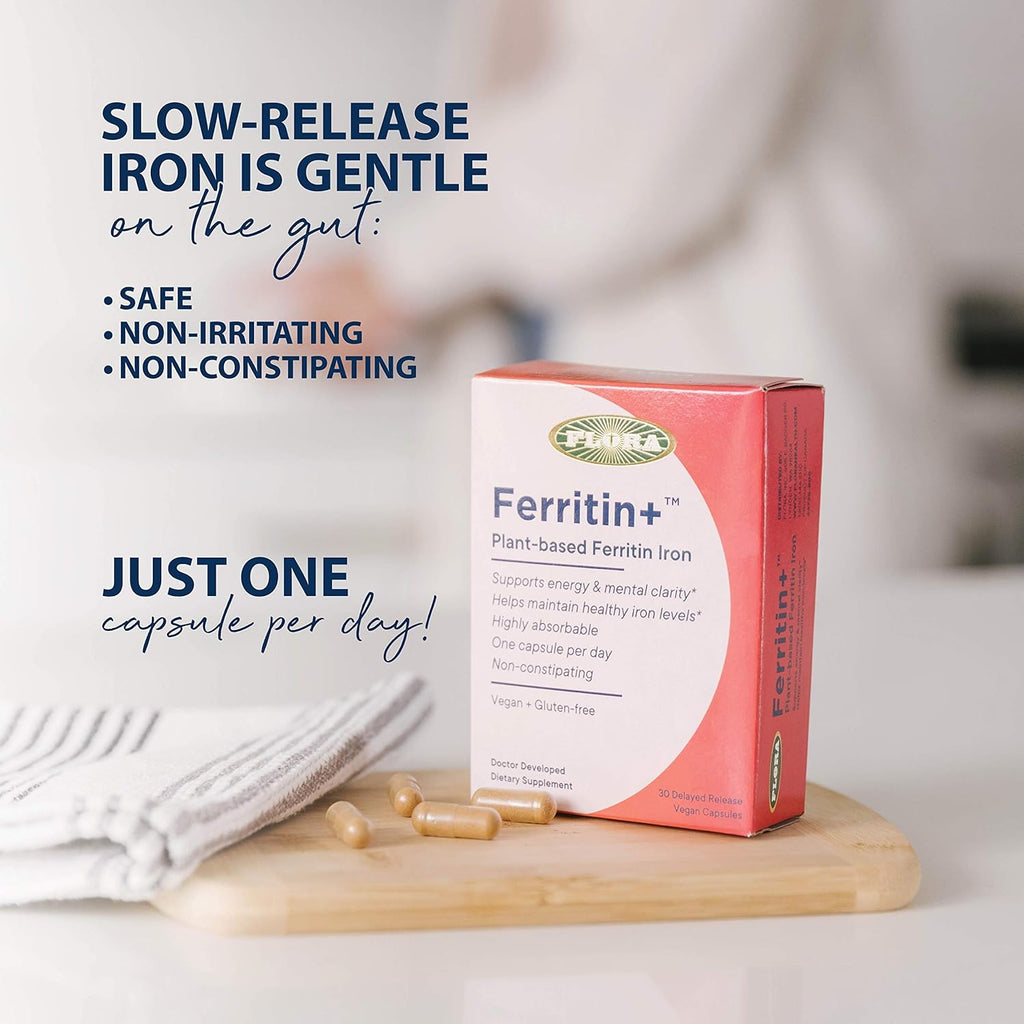 Flora Ferritin+ Delayed-Release Iron Supplement - Plant-Based Iron Supplement - Blood Cell & Energy Support - Vegan & Gluten-Free - Blister Pack - 30 Vegan Capsules